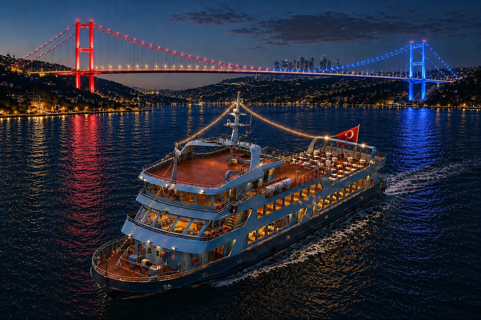 The BOSFOR under way at night, string lights along her rigging and a lit crossing spanning the water behind her